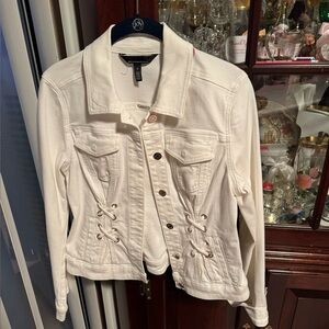 White House Black Market Ivory Jean Jacket with Lace-Up Sides